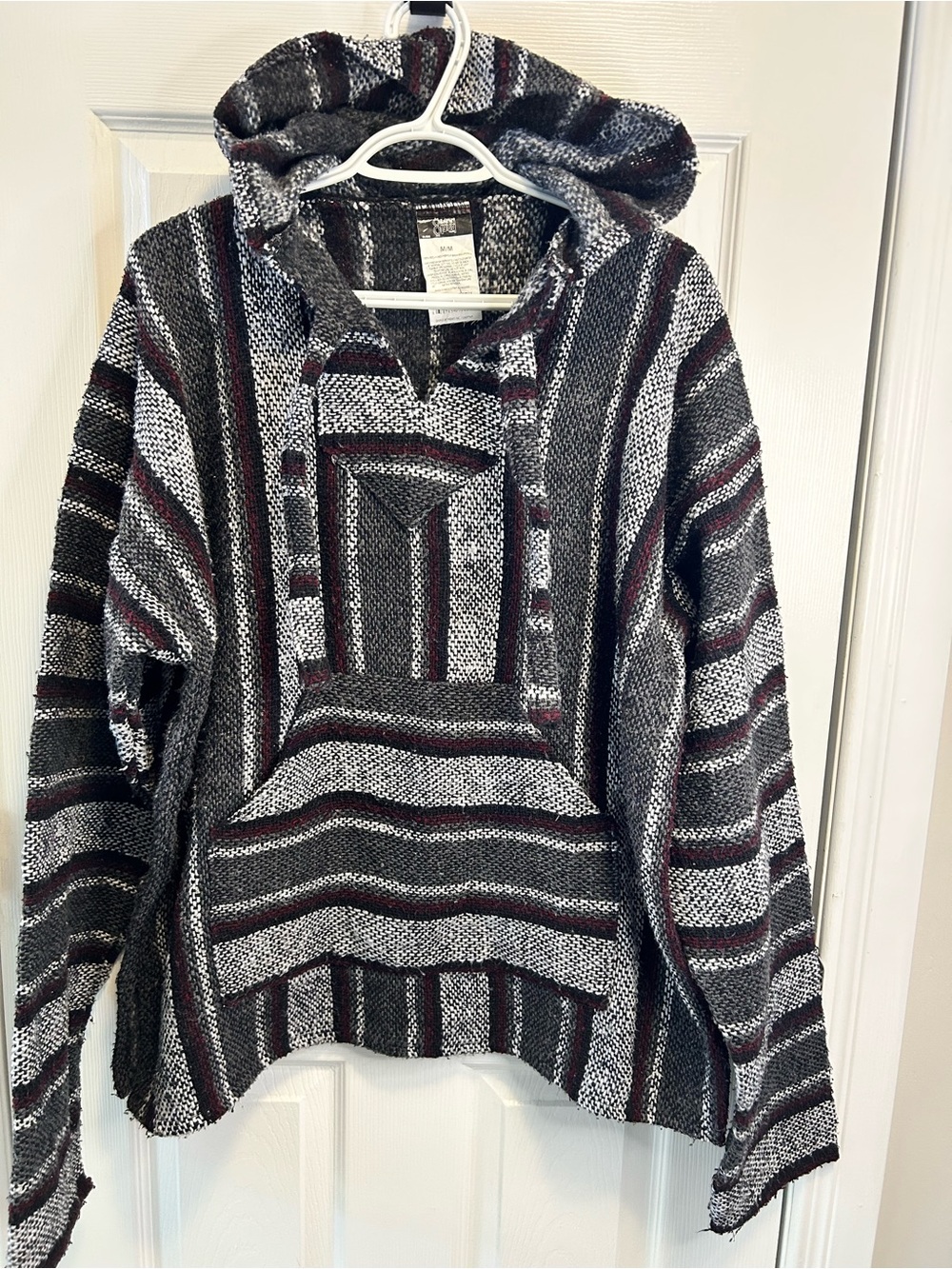 Men's Striped Hooded Baja Sweater - Gray & Maroon